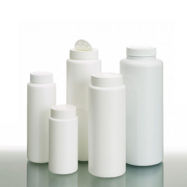 Plastic round powder bottles in different sizes