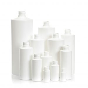 Grouping of 12 white plastic cylinder bottles in different heights and sizes