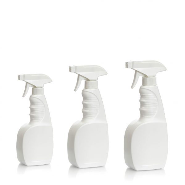3 sizes of white plastic trigger sprayer bottles